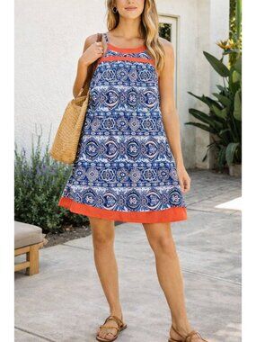 THML Women Medium Boho Paisley Tank Dress Blue Orange Sleeveless Swing Tunic